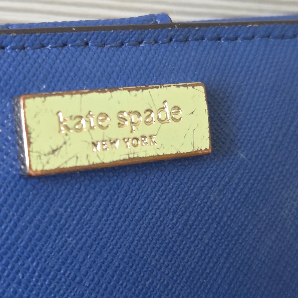 Kate Spade Wallet Bifold Slim Womens Blue Saffiano Leather Gold Logo Zip Pocket - Picture 4 of 11